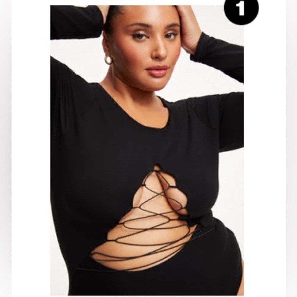Good American Black Bodysuit Open Front Size 4 NEW